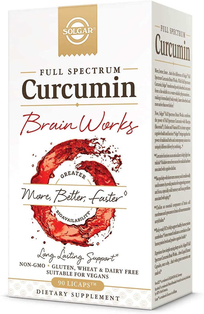 Solgar Full Spectrum Curcumin Brain Works, 90 Likaps - Podpora pamäte Recall, Focus, Cognitive Funkcia - Antioxidant Podpora - Curcumin, BacoMind, Choline, Vitamín B12 - non-GMO, Vegan - 30 Servings