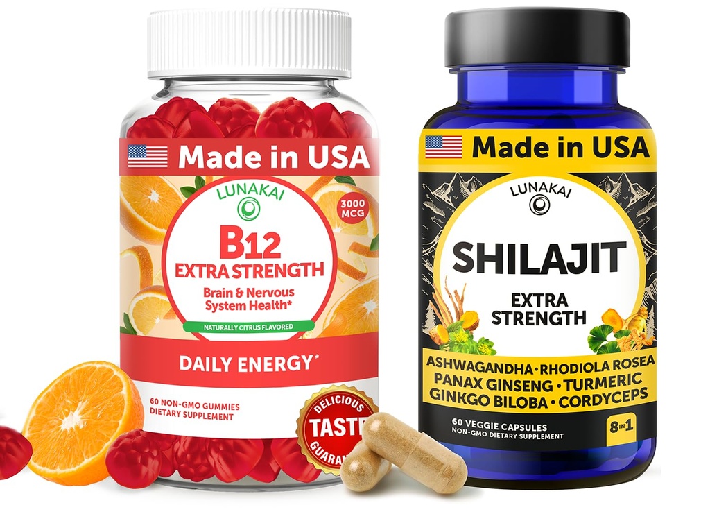 Lunakai USA Made B12 Gummies & Shilajit Kapsule Bundle 