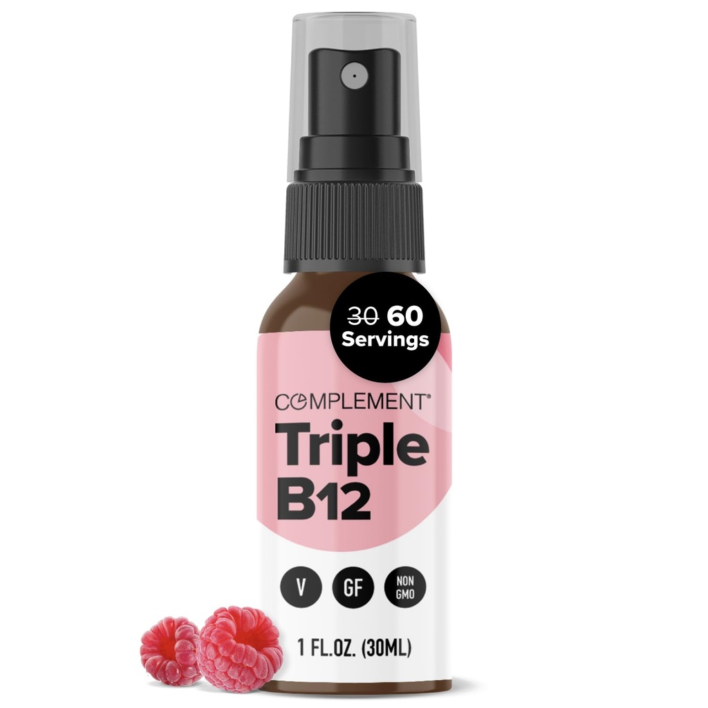 Komplement Vegan Vitamín Triple B12 Liquid Spray- 1500 mcg Blend (60 porcií) Malinová chuť-vylepšená absorpcia, energia, nálada, nervový systém, kognitívne funkcie pre deti a dospelých
