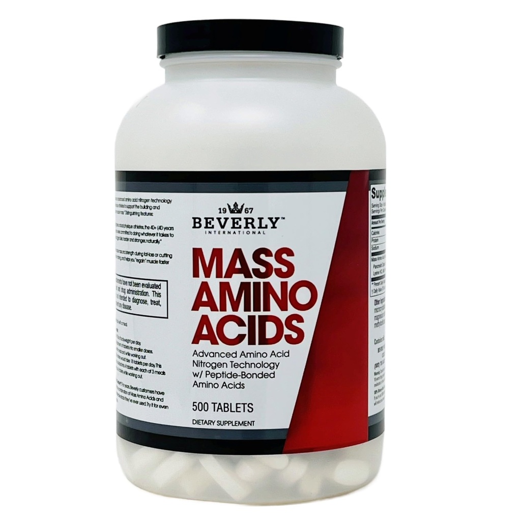 Beverly International Mass Amino Acides, 500 Tabs. Použite Pre-Post cvičenie, s jedlom, Essential pre svalovú obnovu a opravy. Kompletný profil aminokyselín