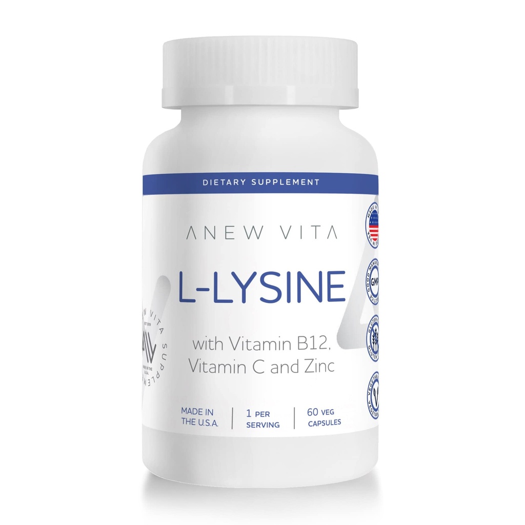 L-lyzínové doplnky s vitamínom B12 + C + zinok pre Lip, Ústa a zdravie ústnej dutiny - Vylepšená wellness podpora - Non-GMO, Gluten-free - Vyrobené v USA - 60 Rastlinné kapsule, 500mg
