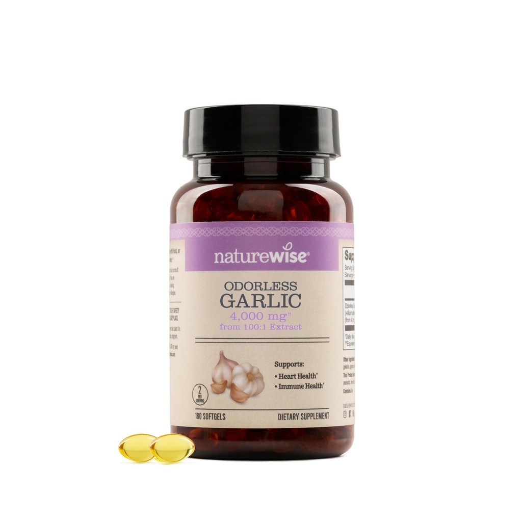 NatureWise Odorless Cesnak Supplement 4000mg - Ultra Potent 100:1 extrakt - Zdravá Cholesterol Formula, Podpora zdravia srdca - Non-GMO, Gluten Free, s Halal Želatína - 180 Počet[90-Day Supply]