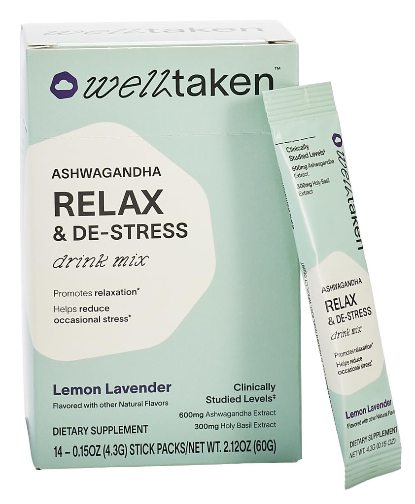 Ashwagandha Relax & De-stress Powder - Lemon Lavender 14ct Box - 600mg Ashwagandha, 200mg L-Theanine, Holy Basil 