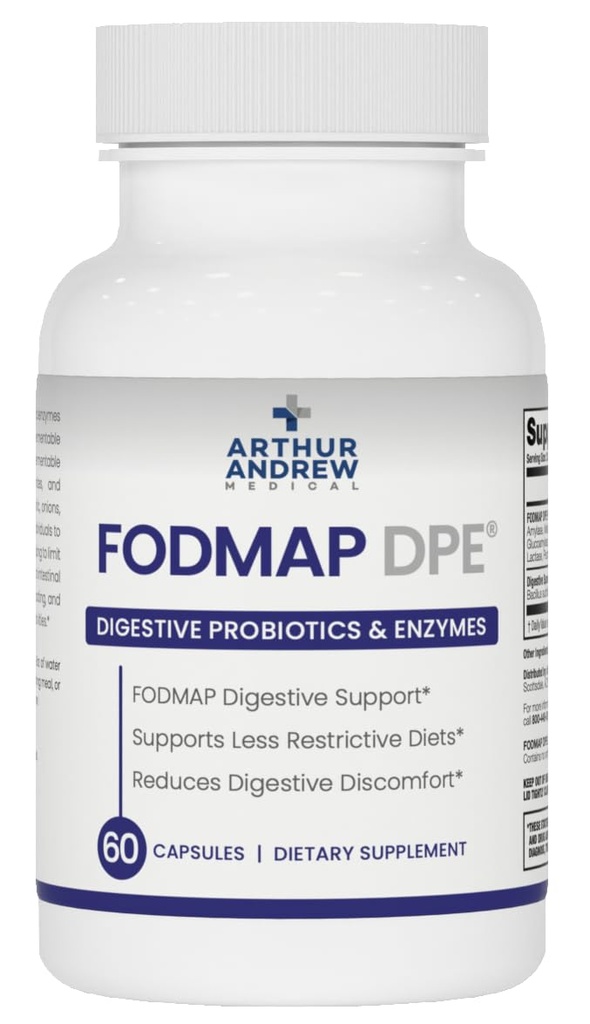Arthur Andrew Medical - FODMAP DPE, Digestívne probiotiká a enzýmy, Relief for FODMAP Intolerancia a vysoko fermentovateľné potraviny, Vegan, Non- GMO, 60 Kapsule