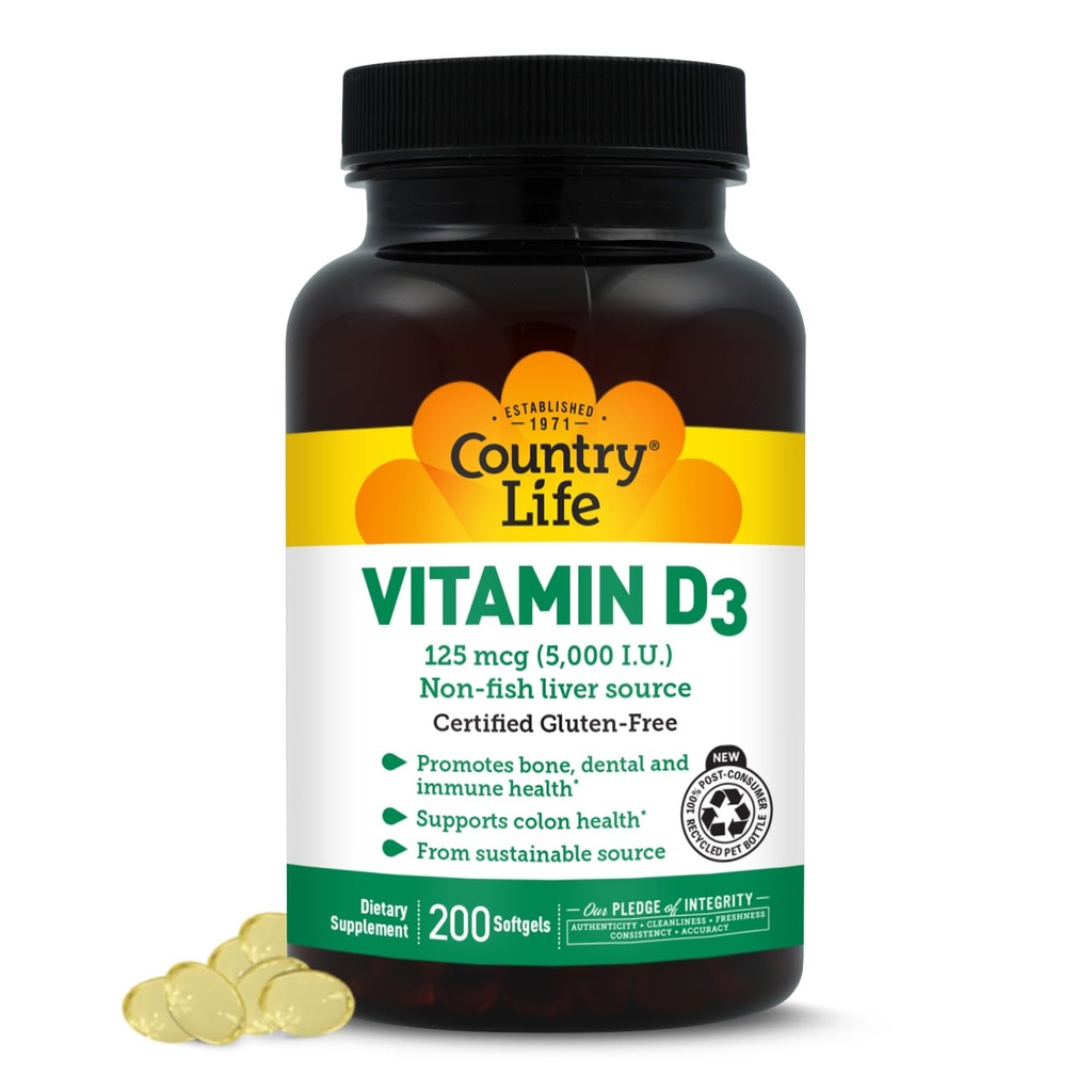 Country Life Vitamín D3 5000 IU pre Immune and Bone Health, Calcium Absorbtion, and Colon Health - Sustainable Source from Lanolin, Dostupné v rôznych silách
