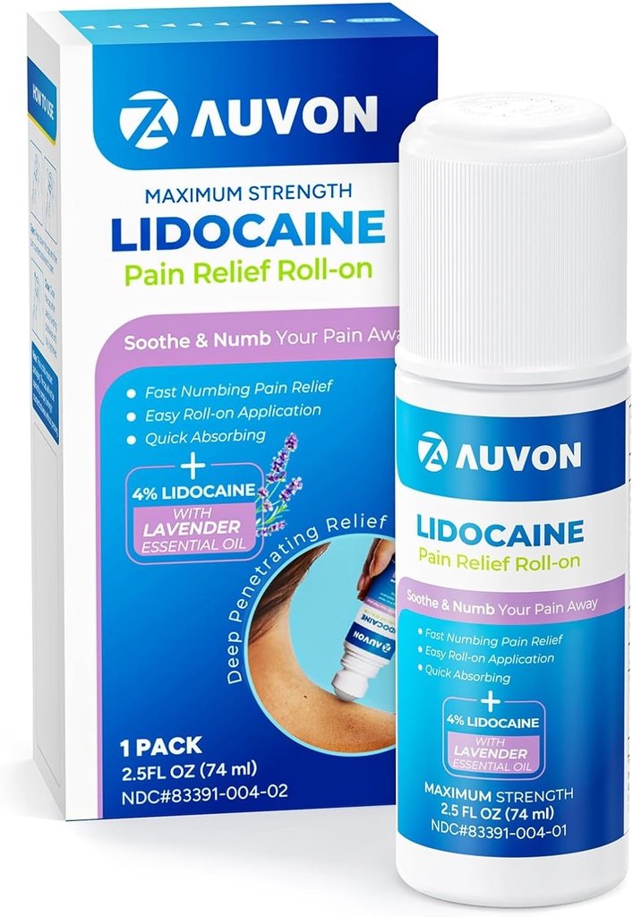 AUVON Lidokaín Roll-On s esenciálnym olejom, No Messa Applikátor, Max Strength Lidokain, Quick Absorbing na Numb & Soothe bolesť Relief pre kolená, plece, FSA/HSA oprávnené, levandule, 2.5 OZ, 1 balenie