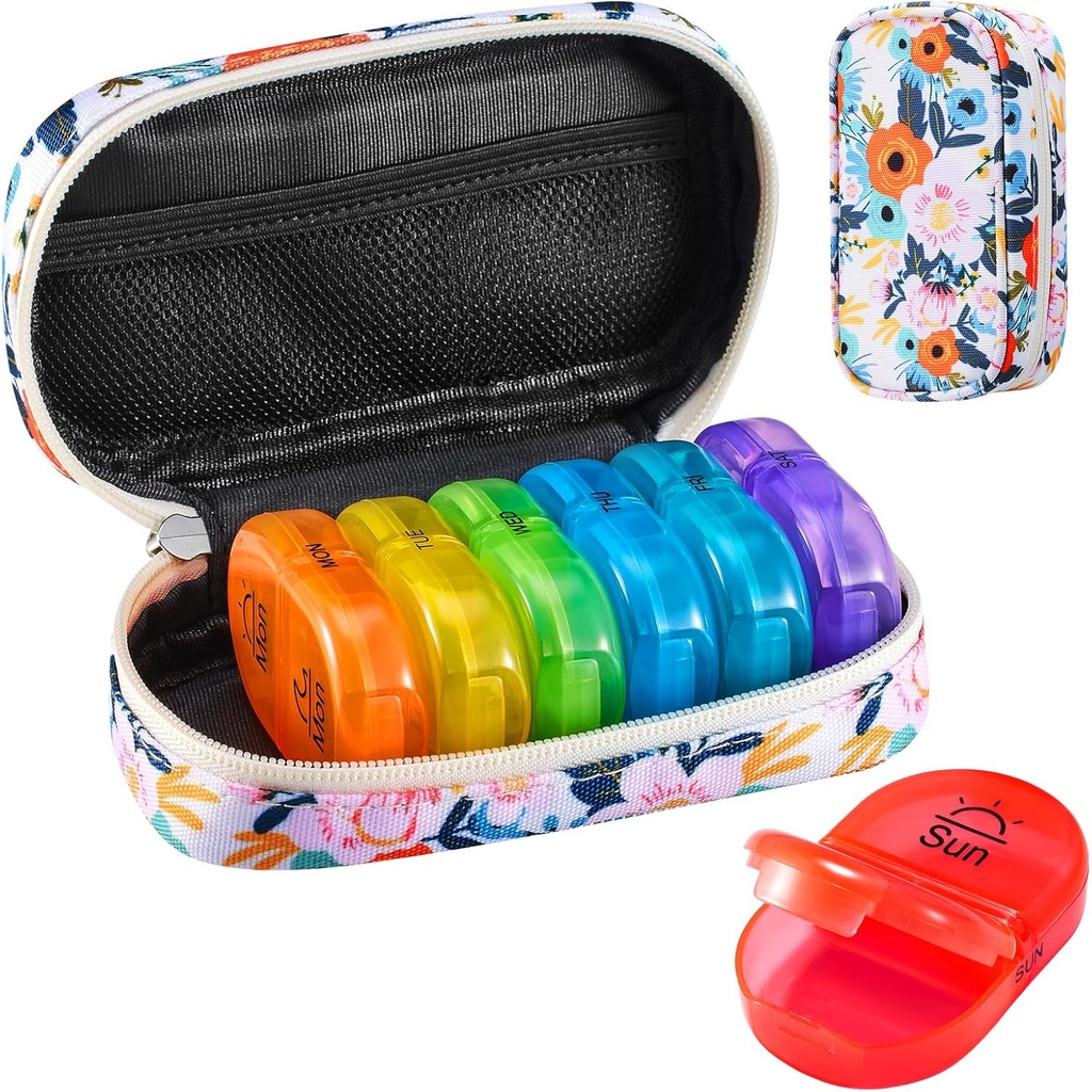 Serfeymi Travel Pill Organizátor 2 Časy A deň AM Upgrade Rainbow Pill Box 7 Deň s prenosným Zipper Canvas Pill prípad, Medicína Organizátor pre tablety, Vitamíny, Rybie oleje - Bloom 01