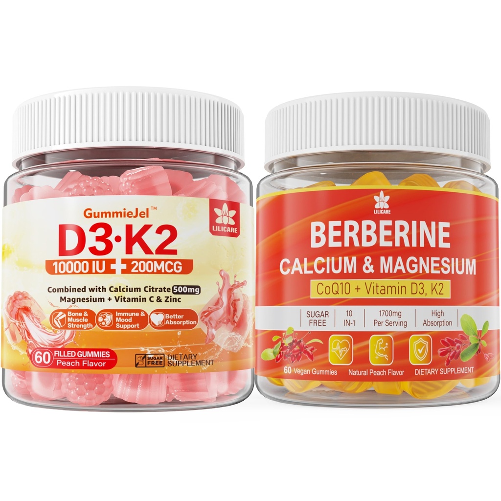 Vitamín D3 K2 bez obsahu cukru Gumičky s vápnikom, citranom horečnatým, vitamínom C + berberínovým doplnkom Gummy, s lipozomálnymi Berberinovými a berberínovými HCI, vápnikom, horčíkom