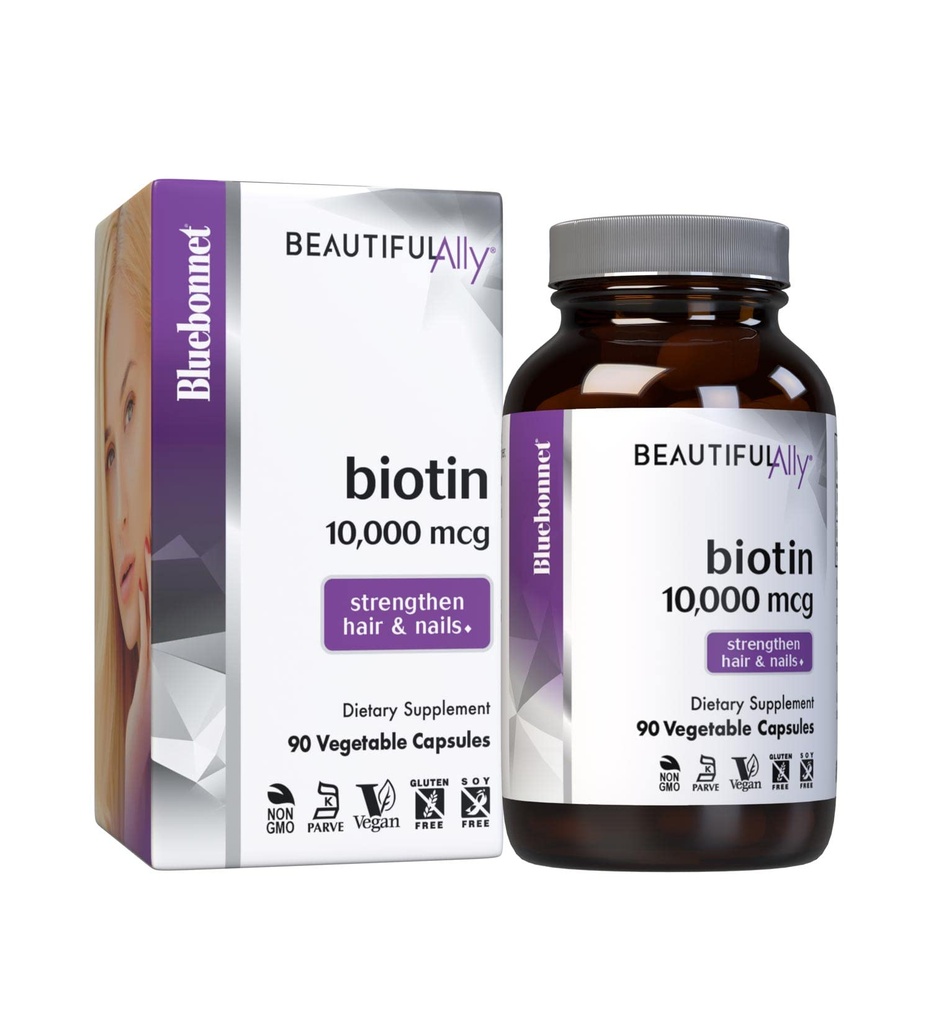 Bluebonnet Nutrition Beautiful Ally Biotin 10 000 mcg, Posilnenie vlasov a nechtov*, Non-GMO, Vegan, Kosher Certified, Gluten-free, Soy-free, 90 Rastlinné kapsule, 90 Slúži
