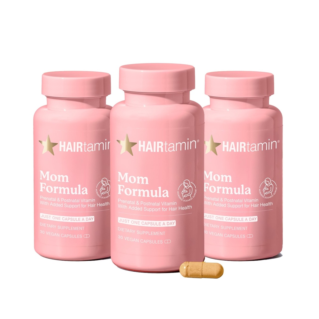HAIRtamin MOM Vegán prenatálne a postnatálne multivitamínové kapsuly a vitamíny pre vlasy, popôrodné, Dojčenie, nechty na vlasy a kožné vitamíny pre ženy s biotínom, zinkom, železom (3-Pack)