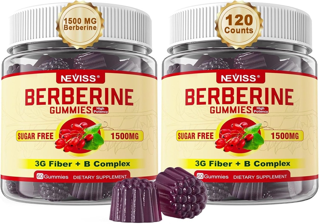 NEVISS Berberine Supplement 1500mg, AMPK Aktivátor s 3G Prebiotickými vláknami, B1 B3 B6, bezcukrové Berberine HCL Gummy pre ženy a mužov - podporuje imunitný systém, trávenie, 2pack 120 Cts