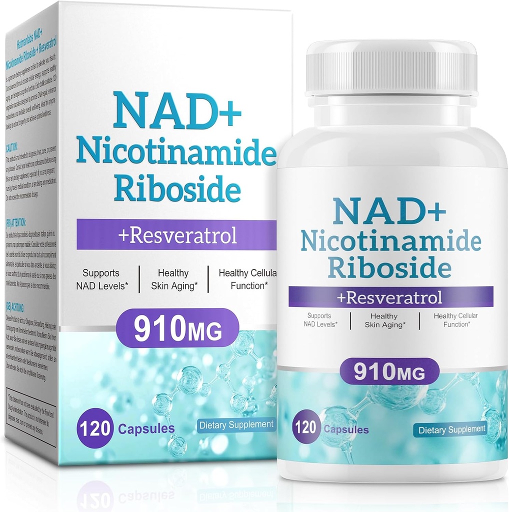 NAD doplnok pre mužov a ženy - Lipozomálny nikotínamid Riboside, Quercetin, NAD+ Supplement with Resveratrol 910mg - Podpora svalovej hmoty, mozgu, energie, 120 Kapsule