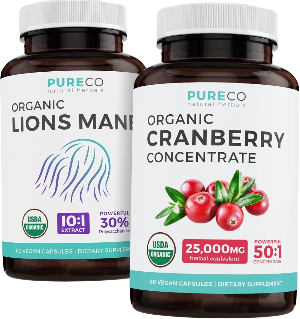 Uložiť $4 (12% off) - Mind & Body Bundle - Organic Cranberry koncentrát (50:1 koncentrát - rovná 25,000 mg čerstvých brusníc) a Organic Lions Mane (10:1 extrakt - rovná 10,000 mg húb)