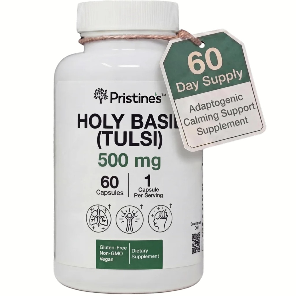 Pristinine Saint Basil Kapsule - 500 mg Gluten Free Imunity & Relaxation Support Adaptogen Supplement - 60 Day Supply - Tulsi Holy Basil Leaf Extract Capsules - Vegan - Non-GMO