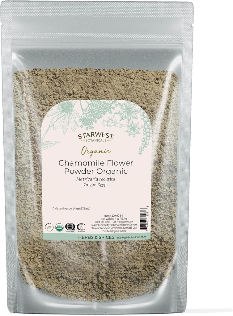 Starwest Botanicals Organic harmanček kvetinový prášok - Sušený voľný list na čaj, bylinné vody, & Pečenie, Zdroj z Egypta, Certified Kosher, Non-GMO - 4 oz Pouch