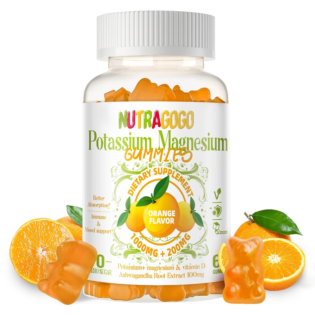 Kálium Magnézium Gumies,Potasium Supplement w/Ashwagandha,Vysoká absorpcia Magnézium Glycinát,B6,D3,Potasium Citrate for Leg Cramps,Huscle,Electroyte for Adults Kids,Cugar-free, 60 Gummies
