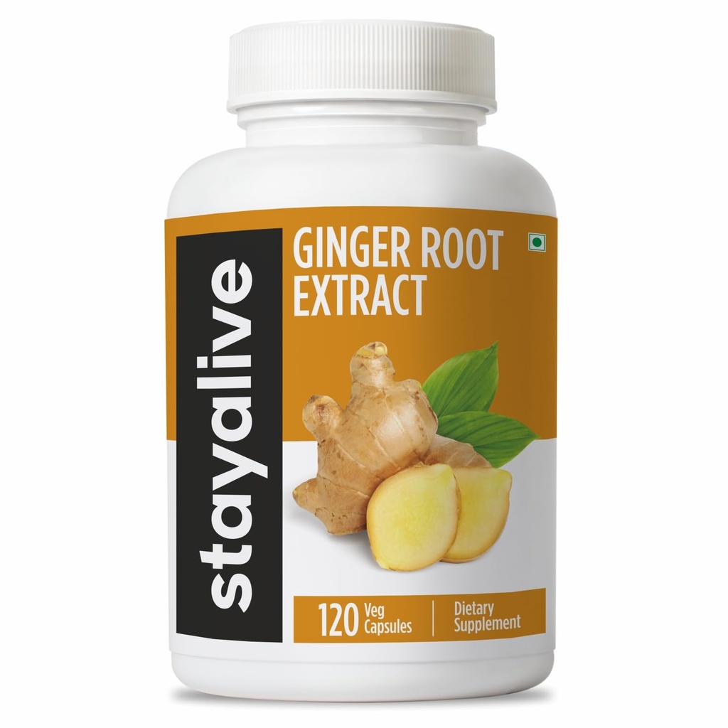 StayAlive Pure Ginger Root Extract 10,000mg with 5% Gingerols, 120 Ginger Root Capsules for Nausea, Immunity and Digestive Health, 10:1 Super Extract Powder, Non-GMO and Gluten-Free Ginger Supplement