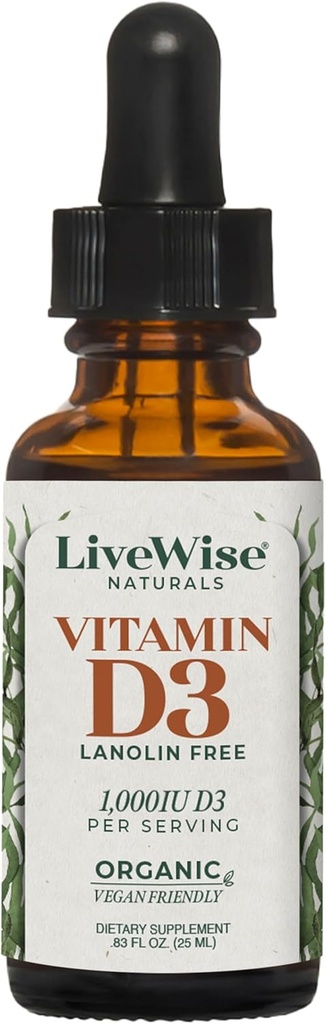 LiveWise Naturals Organic Vitamin D3 Liquid Drops, Vegan, Non-GMO, Plant-Based, 200 IU per Drop, Supports Immune, Bone, and Mood Health, Easy-to-Absorb, in MCT Oil 1000 IU