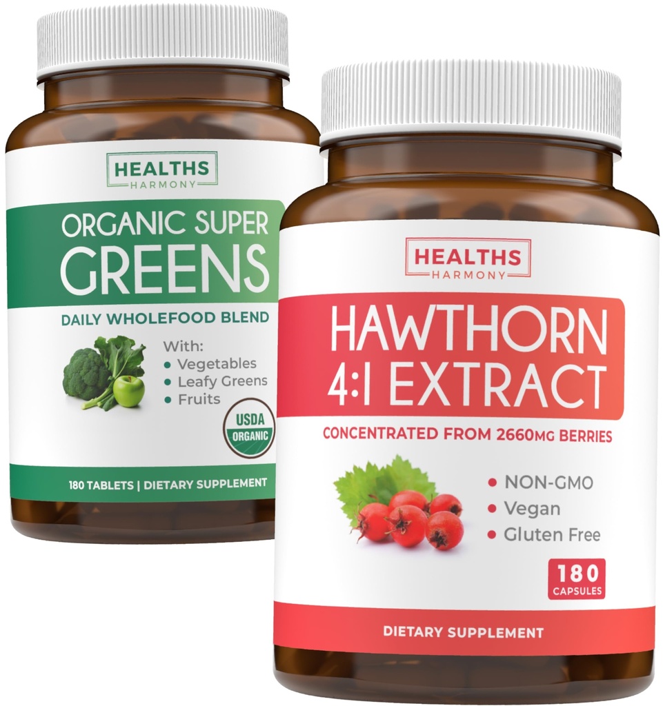 Super Greens & Hawthorn Extract (3-Month Supply) Super Berry Blend Bundle of Organic Super Greends Powder - Complete Superfood & Hawthorn Berry 4:1 Extract - High Strength Extract (180 Kapsule)