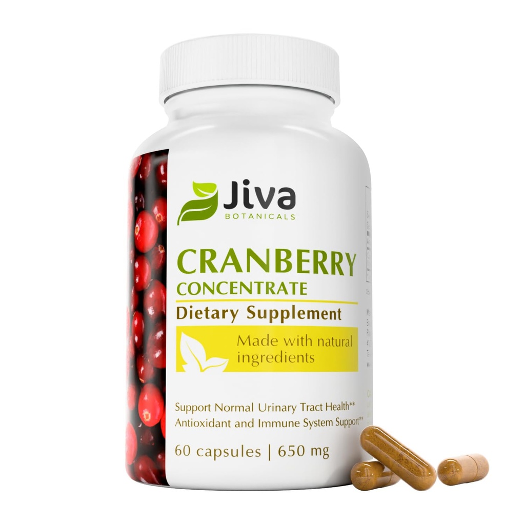 Jiva Botanicals Concentrated Cranberry Supplement - 650 mg Cranberry Powder Extract Pills for Women - High Potency for Normal Urinary Tract Health - 60 Kapsule (Pack of 1)