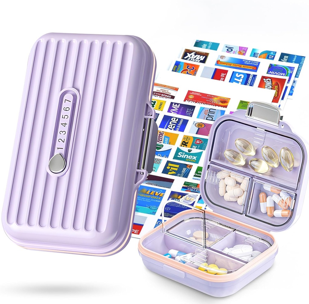 Travel Pill Organizer Box s lekárskymi značkami, 2Pack 7 Compartments Portable Pill Case, Daily Mediciation Organizátor úložisko Pill Kontajner pre Pocket Pharmacy (Purple, S+L 2pack)
