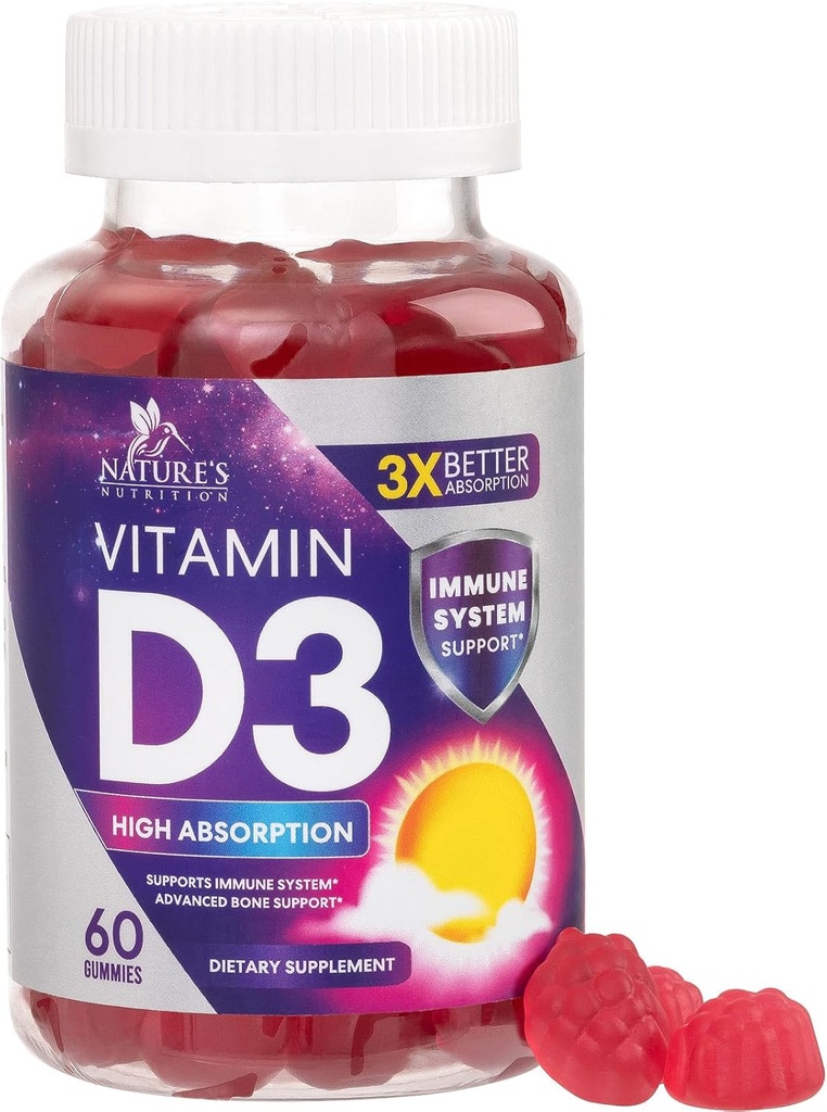 Vitamín D3 Gummy 5000 IU (125 μg) - Dietetické vitamíny D doplnok pre ženy a mužov - kosti, zuby, svalová a imunitná podpora zdravia, vysoká potencia VIT D3 príroda non-GMO a lepidlo zadarmo - 60 Gumies