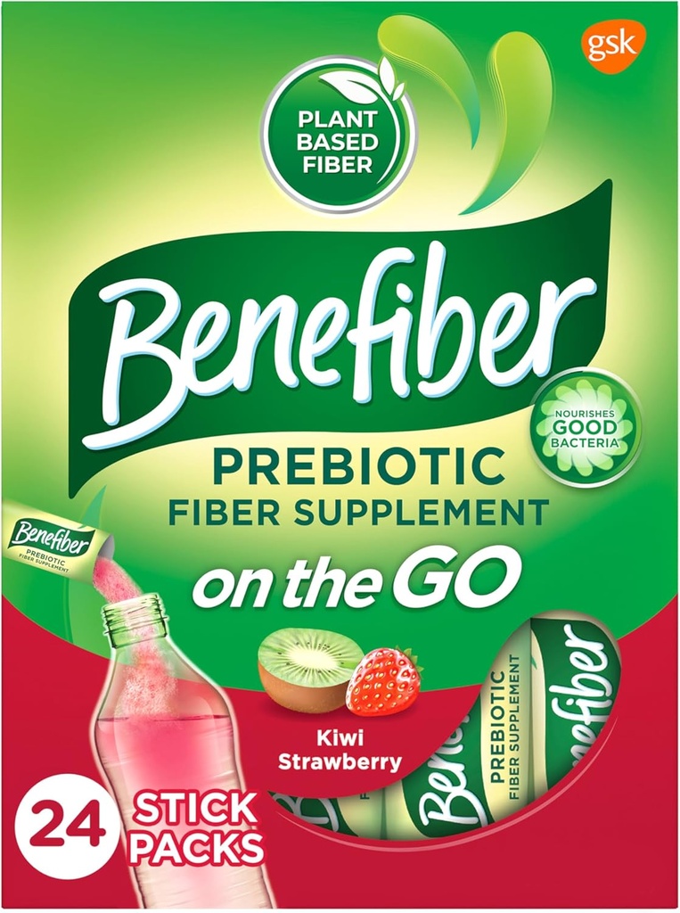 Benefiber Na Go Prebiotické Fiber Supplement Powder for Digestive Health, Daily Fiber Powder, Kiwi Strawberry Flavor Powder Packs - 24 Sticks (5.28 Ounces)