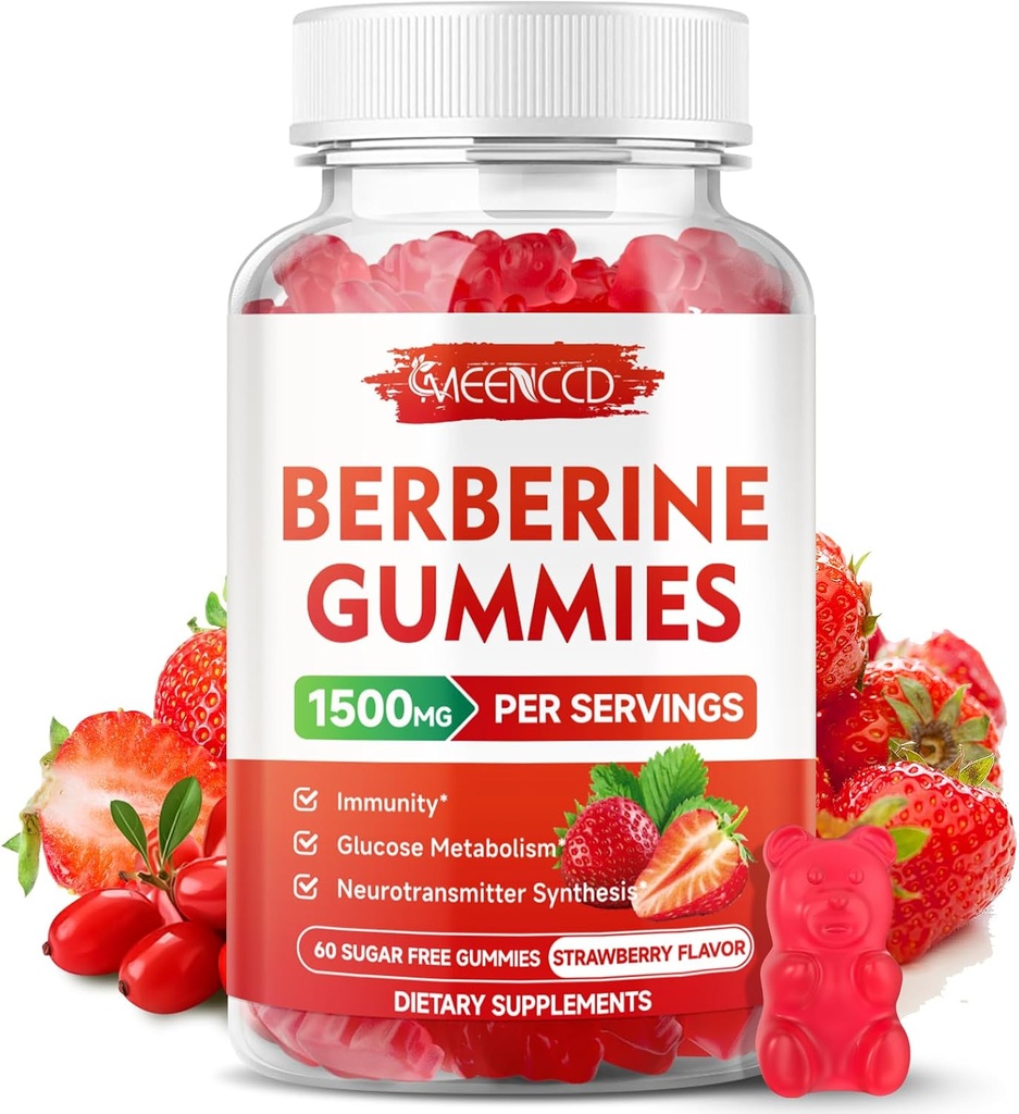 Berberine Gumies with Ceylon škorica 1500mg High Potency Berberine HCL Supplement for Immune Support, Sugar Free, Vegan, Jahodová príchuť, 60 Gróf
