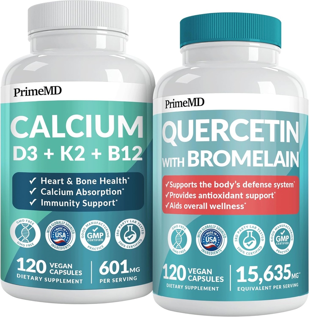 PrimeMD 4-in-1 Vápnikové doplnky pre ženy a mužov alebo srdce, kostné a telesné obrany (120 ct) & 28-in-1 Quercetin s Hypromelóza Supplement - Quercetin 500mg kapsuly pre Imunitnú podporu obrany (120 ct)