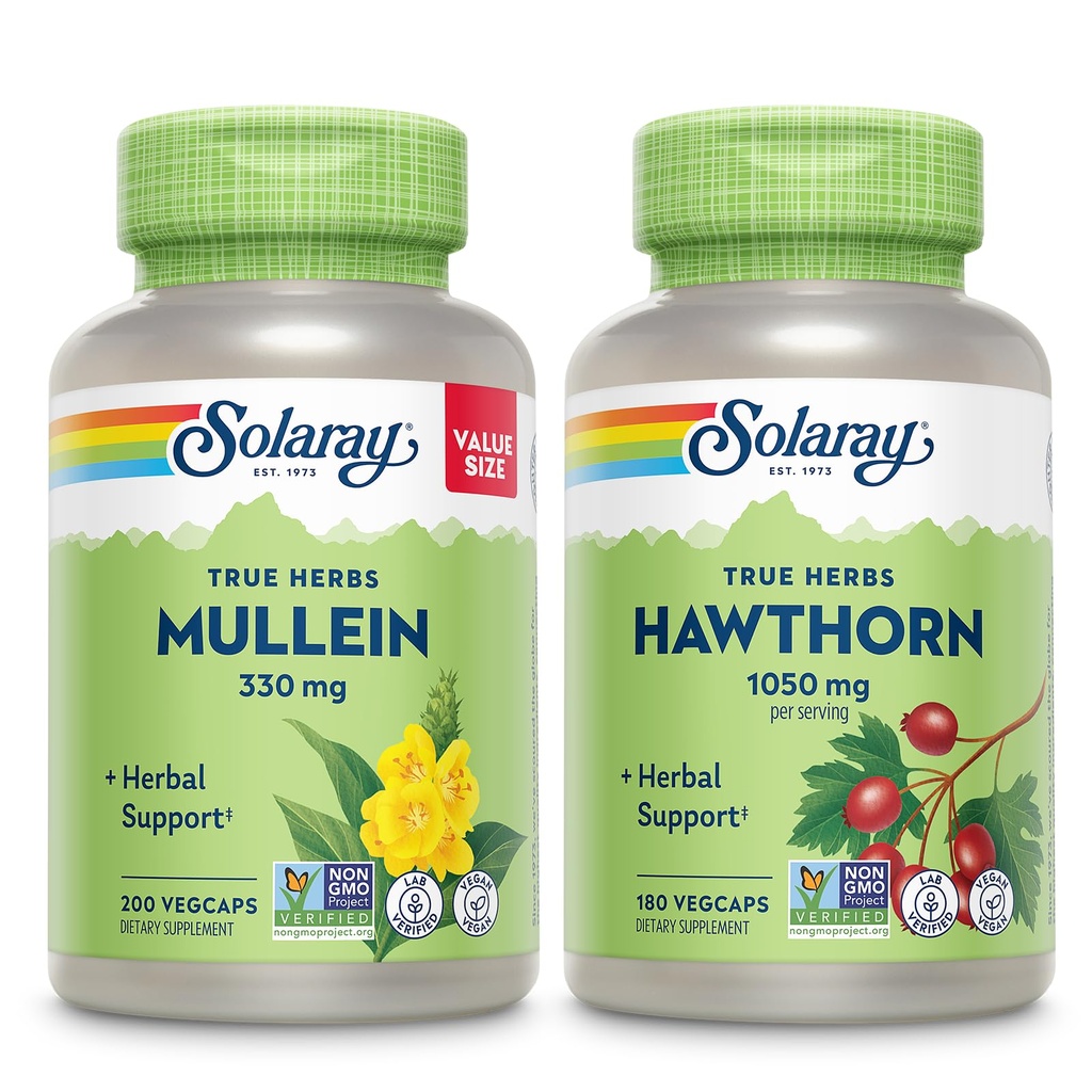 SOLARAY Mullein Leaf 330 mg a Hawthorn Berry kapsuly 1050 mg - Upokojujúce bylinná podpora Bundle pre celkové zdravie a wellness - Vegan, Non-GMO, 60-dňová záruka, Lab Overené, 200/180 VegCaps