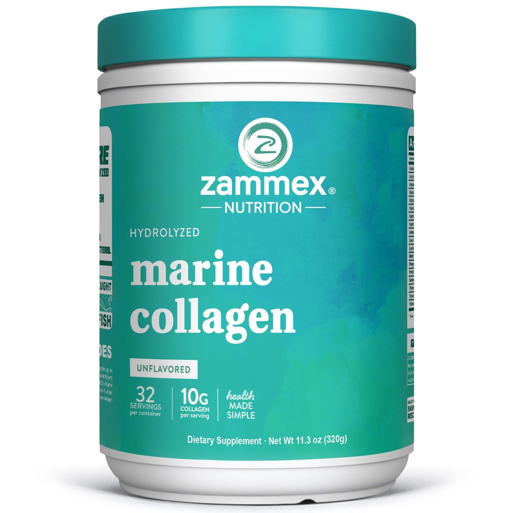 Zammex Marine Collagen Peptids Powder Unflavred, Wild-Caught Fish Collagen Powder, podporuje zdravú pokožku, vlasy, kĺby, Typ 1 a 3 Collagen Supplement pre ženy - ľahko sa mieša. (32 Servings)