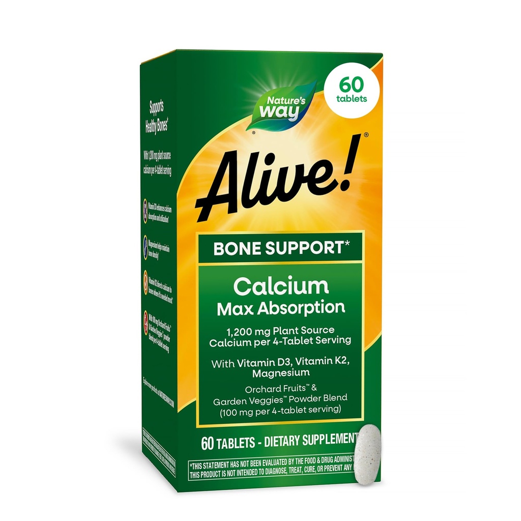 Príroda žije! Vápnik Max Absorpcia, Rastlinný zdroj Vápnik, Vitamín D3 & K2, Magnézium, Bone Support*, 60 tabliet (Backaging May Vary)