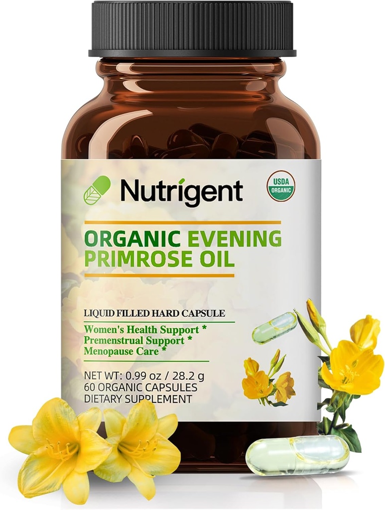 Organický Evening Primrose Oil Supplement, 940 mg 100% Pure with 10% GLA, High Absorbtion Liquid Organic Capsules, Promotes Women's Health & Skin Health, Cold Pressed, 60 count