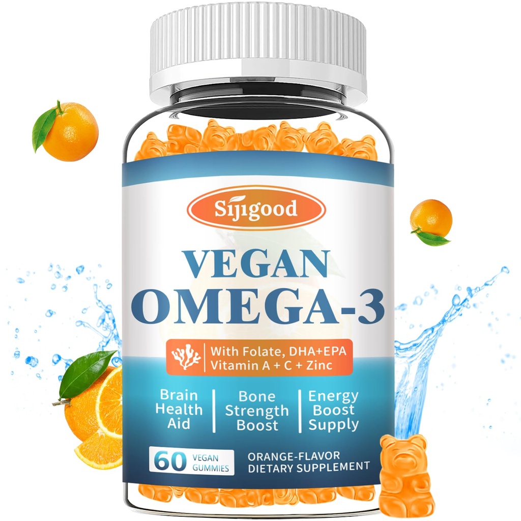 Omega-3 Gummies Potent Algae Omega Source, Boost Brain, Eye & Immune Function, s DHA a EPA Vegan & Sugar Free, Orange Flavor, 60 Počet