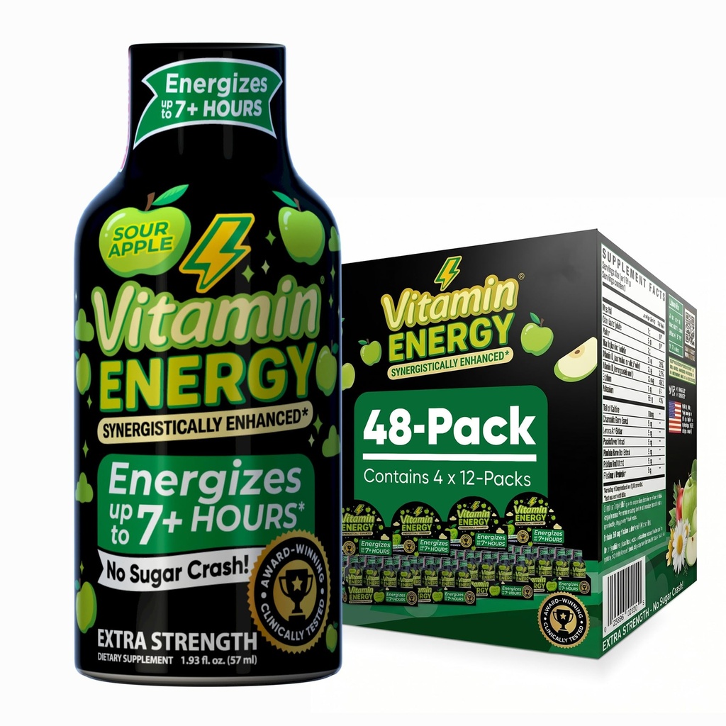 Vitamín Energy Cvičenie+ Extra sila Energia Shot Kyslé jablko 48 Balenie, 260mg Prírodný kofeín, Predpráce, B-vitamíny, Minerály, Vytrvalosť a výkon, Zero Cukor, Gluten-free, Vegan, 1,93 fl oz