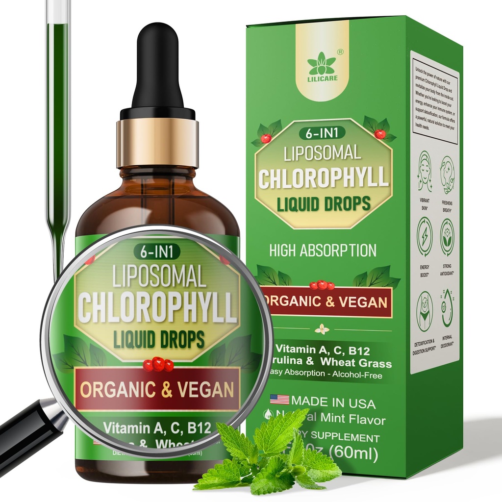 Organické Chlorofyl Tekuté kvapky Lipozomálne pre ženy a mužov, 6-in-1 Zelené Superpotraviny Vegan Chlorofyl w/Spirulina, pšeničná tráva, vitamín C B12 A pre vnútorný dezodorant*, energia,trávenie,1Packs/2 Fl Oz
