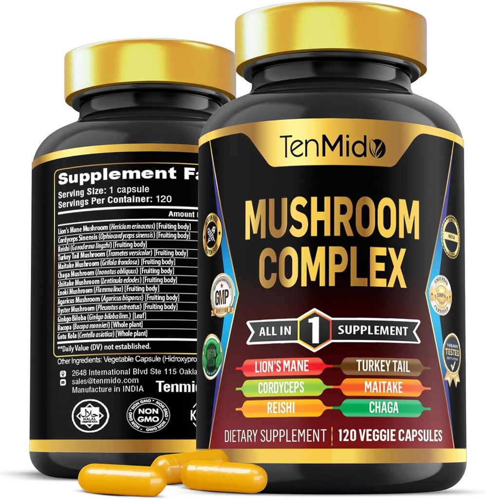 Mushroom Complex Supplement - 13in1 Formula - Blend Lion's Mane Mushroom, Cordyceps Sinensis, Reishi, Turkey Tail, Maitake, Chaga, Shiitake, Enoki, & More - 120 Capsules for 4 Months Supply