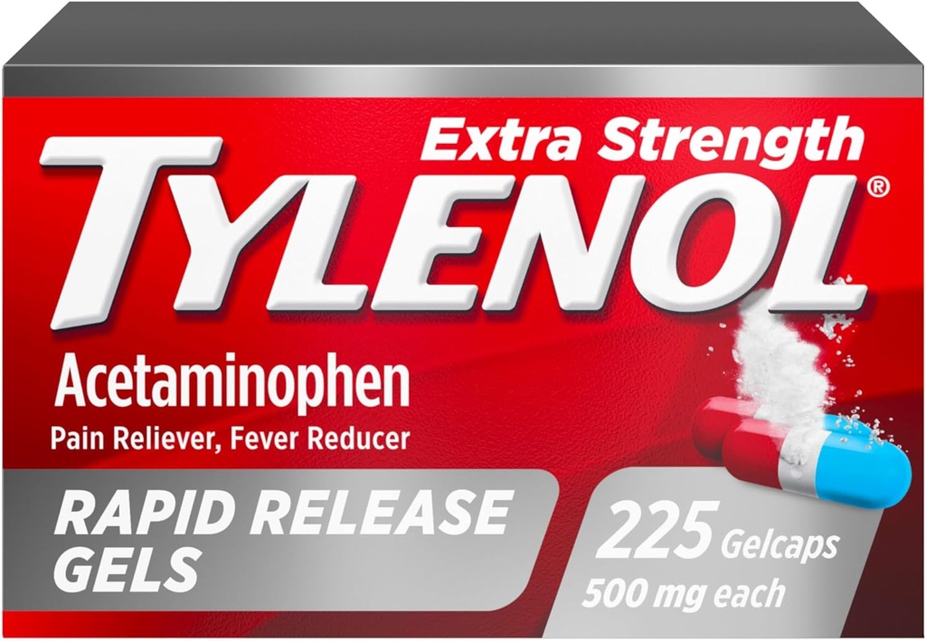 Tylenol Extra Strength Acetaminophen Rapid Release Gels, Pain Reliever and Fever Reducer Medicine, Gelcaps with Laser-Drilled Holes, 500 mg Acetaminophen, 225 Count