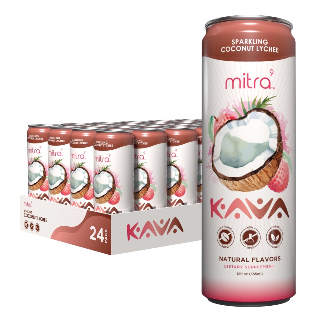 MITRA-9 Botanické nápoje - Coconut Lichee Sparkling Kava nápoj s Cava Root Extract - Mood Enhancer - Plant Based - podporuje prírodný pokoj a jasnosť (12 Fl. Oz) (24)