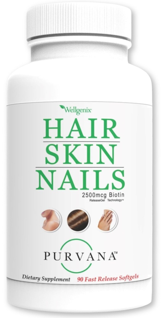 Wellgenix Purvana vlasy, koža, a nechty - jeden za deň Softgel - 2500mcg Biotin, DMAE, MSM, konskýchvost, Hroznové semená extrakt - Anti Aging, PCOS & Postpartum rast vlasov, silné nechty (90 Počet)