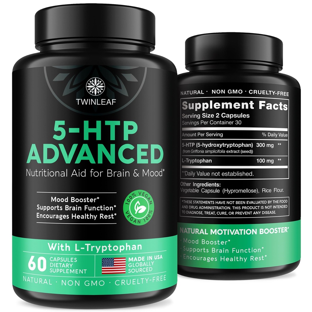 TWINLEAF 5 HTP Supplement for Mood Support - Made in USA - Natural 5-HTP & L-tryptofán Kapsule - 5-HTP Booster pre mužov a ženy - Proprietary Formula pre Mood and Relaxation - 60 Vegan Kapsule