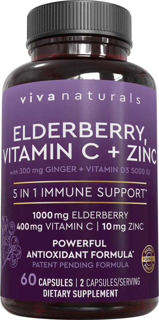 Viva Naturals Black Elderberry s vitamínom C a zinkom pre dospelých (60 počet) - Sambucus Elderberry Immune Suplement, Black Elderberry Kapsule pre dospelých, Elderberry Supplements pre ženy