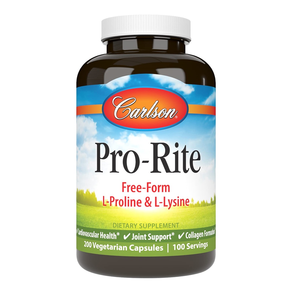 Carlson - Pro-Rite, Free-Form L-Proline & L-Lysine, Health, Joint Support & Colagen Formation, 200 Kapsule