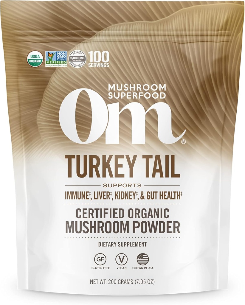 Om Mushroom Superfood Turkey Organic Mushroom Powder Pouch, 7.05 Ounce, 100 Servings, Immune Support, Polysacchrides, Beta-Glucans, Gut Health & Holistric Defense Mushroom Supplement