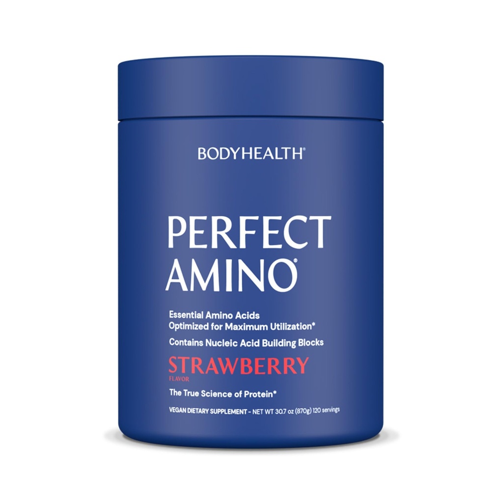 TeloHealth PerfectAmino Powder - BCAA a EAA Powder pre pred a po tréningu - Aminokyselinový nápoj pre mužov a ženy na podporu chudého svalstva a zotavenie - Jahodová - 120 Serviv