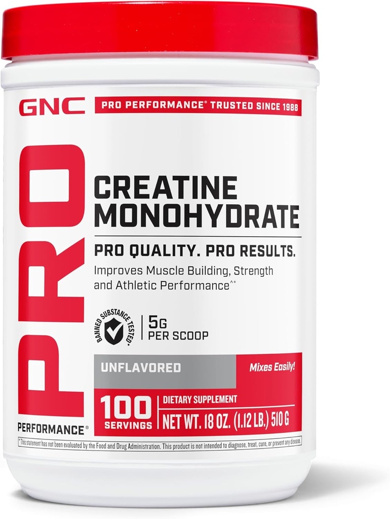 GNC Pro Performance Creatine Monohydrate Powder for Women & Men, 5g Creatin per Serving, Muscle Building, Energy Production, Endurance, Performance, 100 Servings