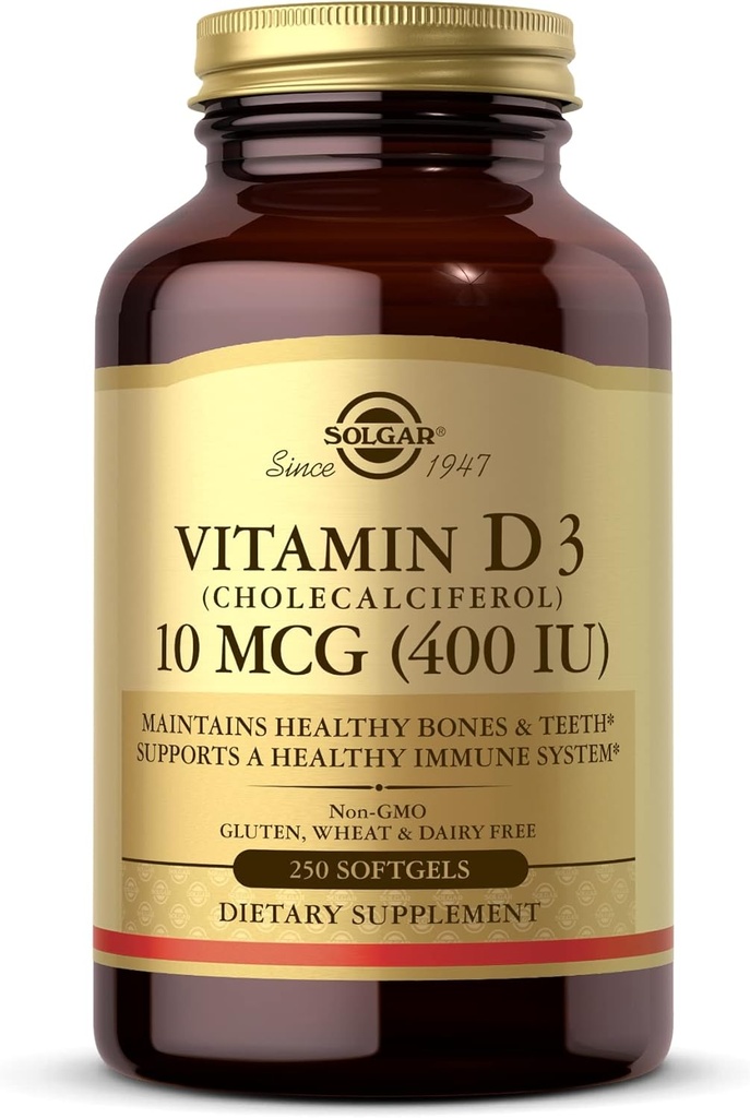 Solgar Vitamín D3 (Cholekalciferol) 10 MCG (400 IU), 250 Softgels - Pomáha udržiavať zdravé kosti a zuby - Imunitný systém Podpora - Non-GMO, Gluten Free, Dairy Free - 250 Servings