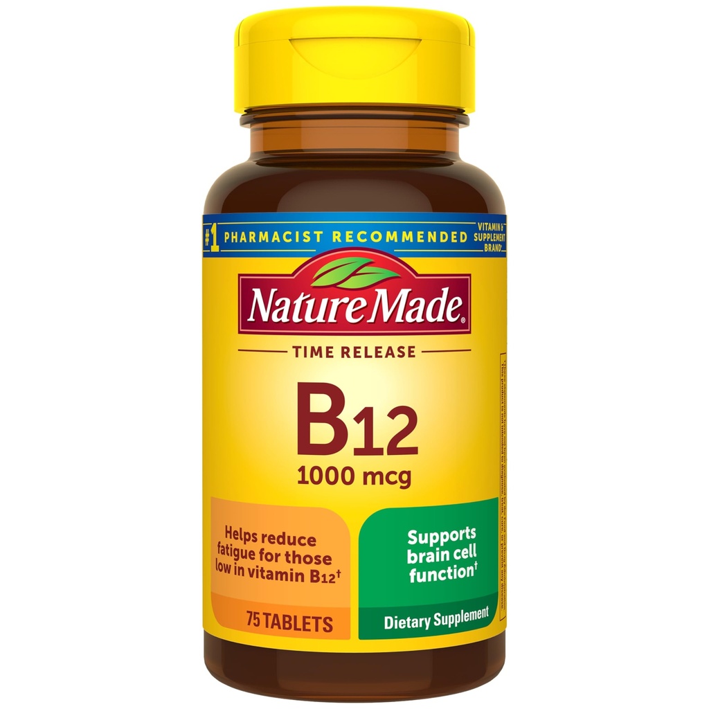 Nature Made Vitamin B12 1000 mcg, Dietary Supplement for Energy Metabolizmus Support, 75 Tablety s časovým uvoľňovaním, 75 dní