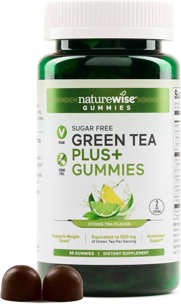 NatureWise Green Tea Gummies - Keto, bez cukru - podporuje fitness ciele pre ženy a mužov - 500mg Zelený čaj + Malinová Kotóny, Garcinia Cambogia - Vegan, No Gluten - 60 Počet[1-Mesiac]