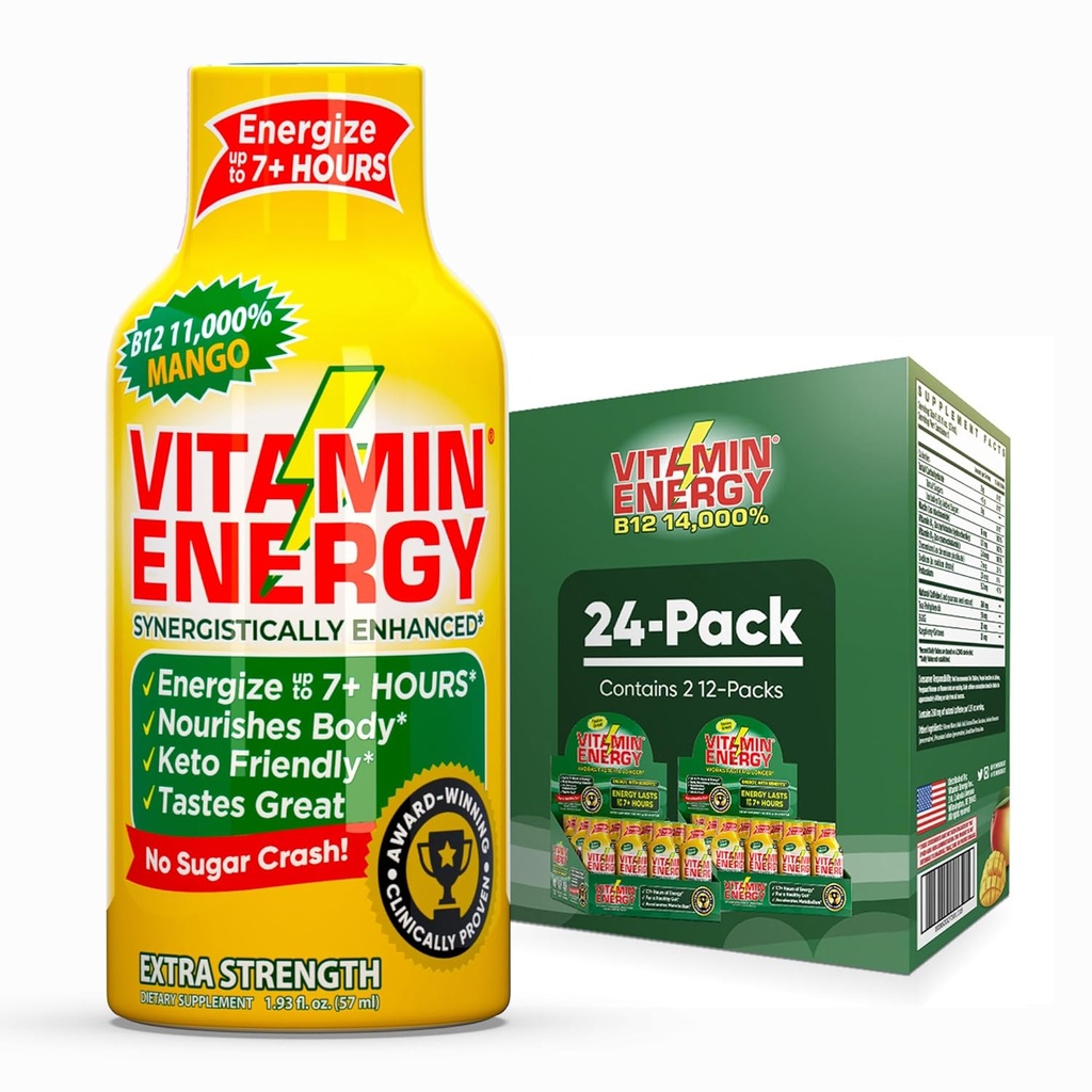 Vitamín Energy B12 11,000% Extra sila Shot Mango 24 Balenie, 260 mg prírodný kofeín, B12 & B6, nootropné zameranie, vitalita, Zero Sugar, Gluten-free, Vegan, Kosher, 1,93 fl oz